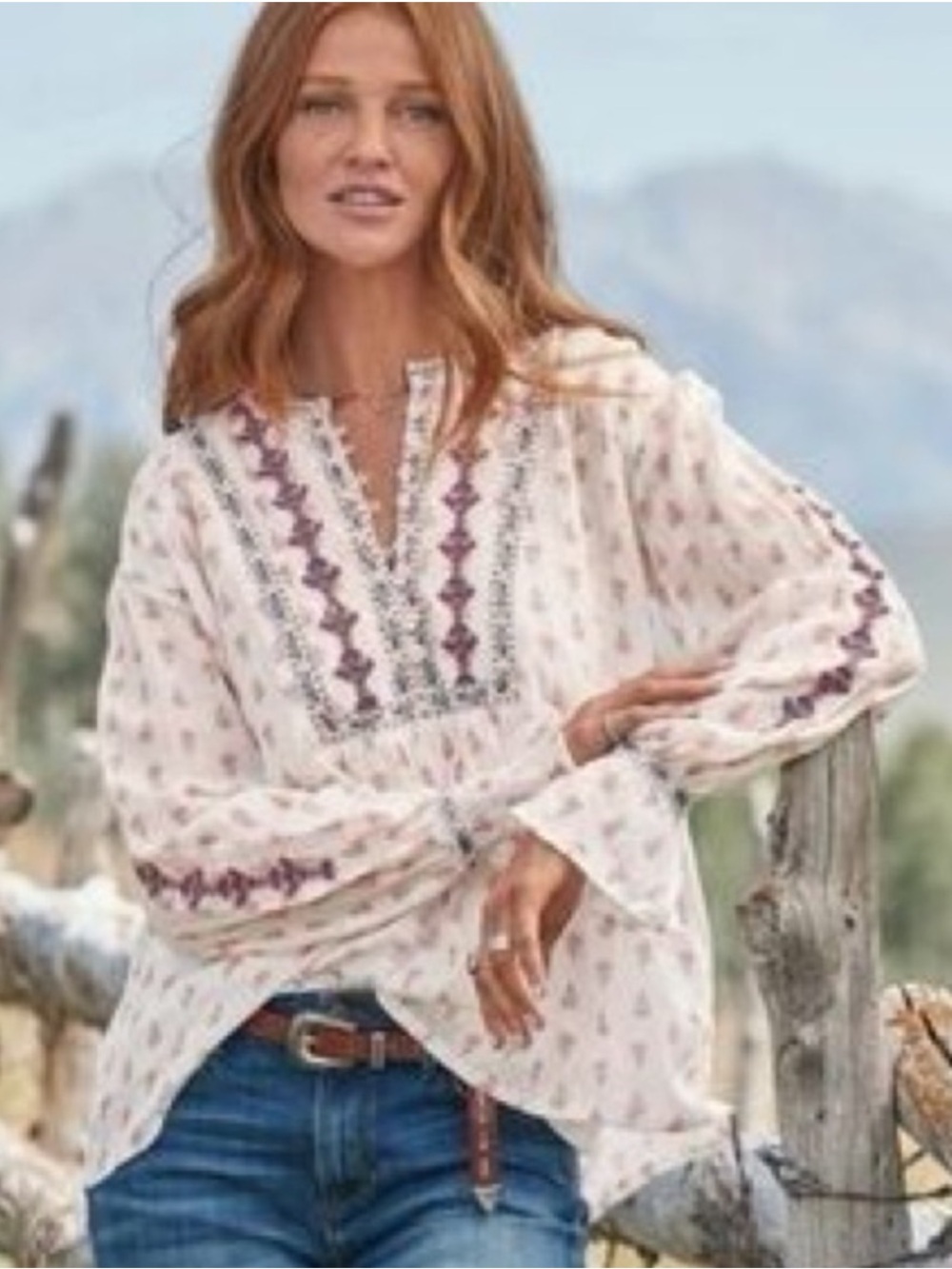 Sundance Great Gallery Embroidered Peasant cotton M boho ruffled cuffs Blouse